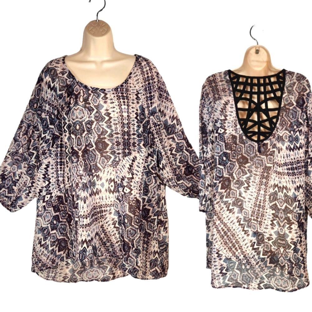 Maurices Tunic‎ Top Sheer Tribal Aztec Pink Blue Black Cut Out Open Back 3X